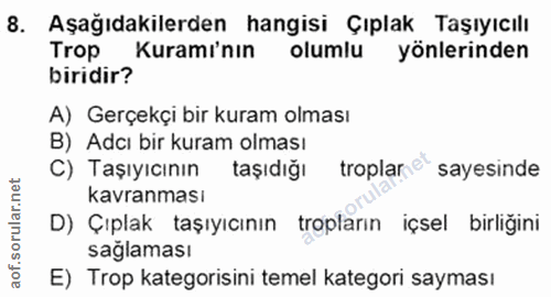 8. soru: Aşağıdakilerden hangisi Çıplak Taşıyıcılı Trop Kuramı'nın olumlu yönlerinden biridir? A) Gerçekçi bir kuram olması B)…