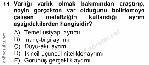 11. soru: Varlığı varlık olmak bakımından araştırıp, neyin gerçekten var olduğunu belirlemeye çalışan metafiziğin kullandığı ay…