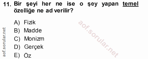11. soru: Bir şeyi her ne ise o şey yapan temel özellige ne ad verilir? A) Fizik B) Madde l C) Monizm D) Gerçek E) Öz