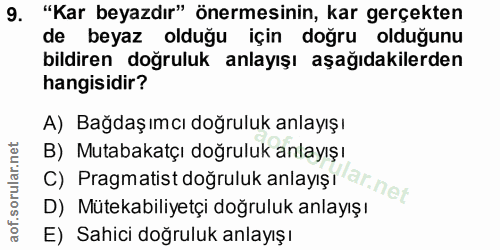 9. soru: "Kar beyazdır" önermesinin, kar gerçekten de beyaz olduğu için doğru olduğunu bildiren doğruluk anlayışı aşağıdakiler…