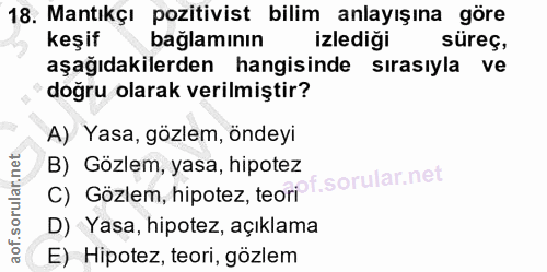 18. soru: Mantıkçı pozitivist bilim anlayışına göre keşif bağlamının izlediği süres, aşağıdakilerden hangisinde sırasıyla ve do…