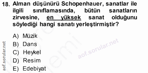18. soru: Alman düşünürü Schopenhauer, sanatlar ile ilgili sınıflamasında, bütün sanatların zirvesine, en yüksek sanat olduğunu…