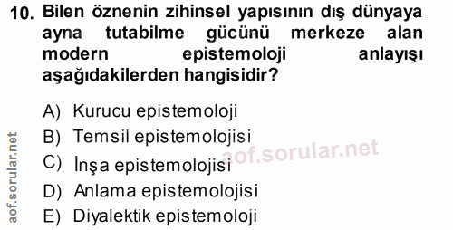 10. soru: Bilen öznenin zihinsel yapısının dış dünyaya ayna tutabilme gücünü merkeze alan modern epistemoloji anlayışı aşağıdak…