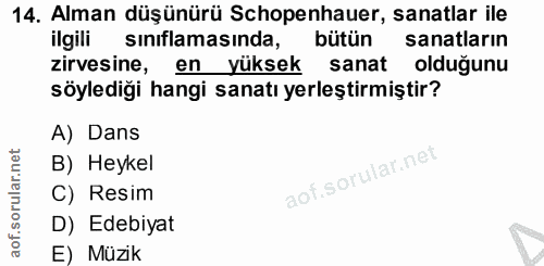 14. soru: Alman düşünürü Schopenhauer, sanatlar ile ilgili sınıflamasında, bütün sanatların zirvesine, en yüksek sanat olduğunu…