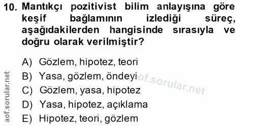 10. soru: Mantıkçı pozitivist bilim anlayışına göre keşif bağlamının izlediği süreç, aşağıdakilerden hangisinde sırasıyla ve do…