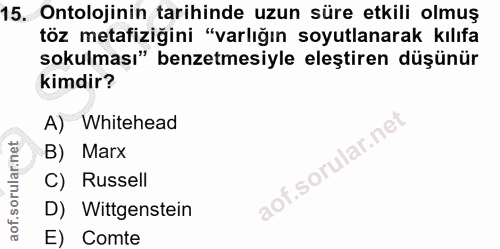 15. soru: Ontolojinin tarihinde uzun süre etkili olmuş töz metafiziğini "varlığın soyutlanarak kılıfa sokulması" benzetmesiyle…