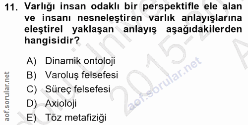 11. soru: Varlığı insan odaklı bir perspektifle ele alan ve insanı nesneleştiren varlık anlayışlarına eleştirel yaklaşan anlayı…