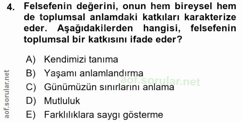 4. soru: Felsefenin değerini, onun hem bireysel hem de toplumsal anlamdaki katkıları karakterize eder. Aşağıdakilerden hangisi…