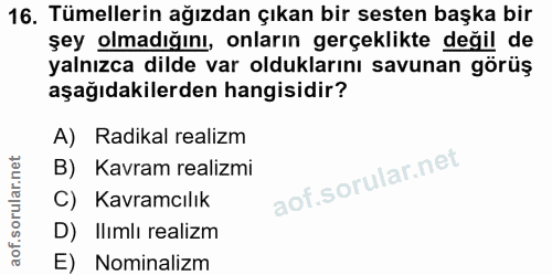 16. soru: Tümellerin ağızdan çıkan bir sesten başka bir şey olmadığını, onların gerçeklikte değil de yalnızca dilde var oldukla…