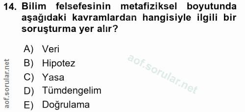 14. soru: Bilim felsefesinin metafiziksel boyutunda aşağıdaki kavramlardan hangisiyle ilgili bir soruşturma yer alır? A) Veri B…