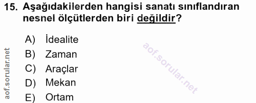 15. soru: Aşağıdakilerden hangisi sanatı sınıflandıran nesnel ölçütlerden biri değildir? A) Idealite B) Zaman C) Araçlar D) Mek…