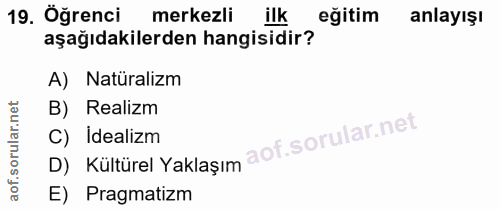 19. soru: Öğrenci merkezli ilk eğitim anlayışı aşağıdakilerden hangisidir? A) Natüralizm B) Realizm D) Kültürel Yaklaşım C) Ide…