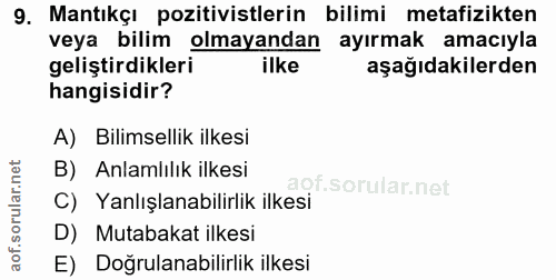 9. soru: Mantıkçı pozitivistlerin bilimi metafizikten veya bilim olmayandan ayırmak amacıyla geliştirdikleri aşağıdakilerden h…