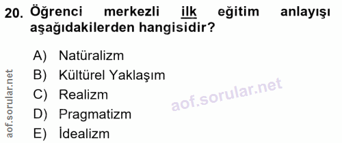 20. soru: Öğrenci merkezli ilk eğitim anlayışı aşağıdakilerden hangisidir? A) Natüralizm B) Kültürel Yaklaşım C) Realizm D) Pra…