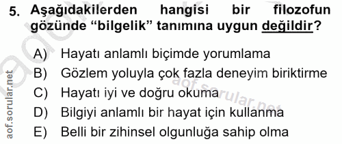 5. soru: Aşağıdakilerden hangisi bir filozofun gözünde "bilgelik" tanımına uygun değildir? A) Hayatı anlamlı biçimde yorumlama…