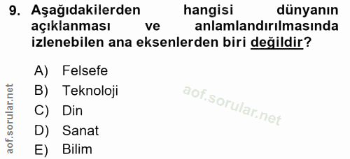 9. soru: Aşağıdakilerden hangisi dünyanın açıklanması ve anlamlandırılmasında izlenebilen ana eksenlerden biri değildir? A) Fe…