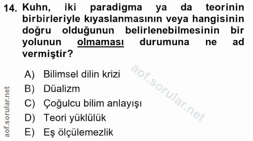 14. soru: Kuhn, iki paradigma ya da teorinin birbirleriyle kıyaslanmasının veya hangisinin doğru olduğunun belirlenebilmesinin…