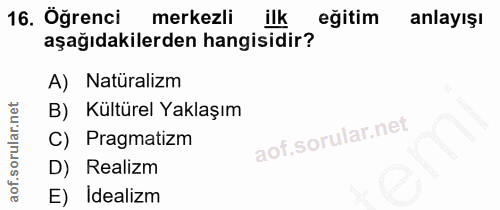 16. soru: Öğrenci merkezli ilk eğitim anlayışı aşağıdakilerden hangisidir? A) Naturalizm B) Kültürel Yaklaşım C) Pragmatizm D)…