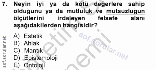 7. soru: Neyin iyi ya da kötü değerlere sahip olduğunu ya da mutluluk ve mutsuzluğun ölçütlerini irdeleyen felsefe alanı aşağı…