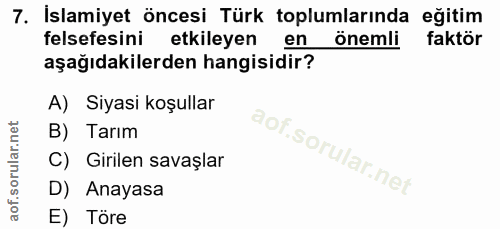 7. soru: İslamiyet öncesi Türk toplumlarında eğitim felsefesini etkileyen en önemli faktör aşağıdakilerden hangisidir? A) Siya…