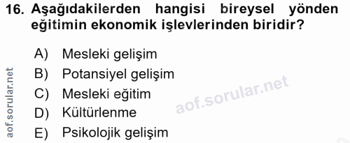 16. soru: Aşağıdakilerden hangisi bireysel yönden eğitimin ekonomik işlevlerinden biridir? A) Mesleki gelişim B) Potansiyel gel…