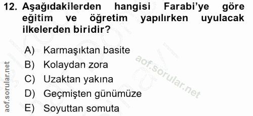12. soru: Aşağıdakilerden hangisi Farabi'ye göre eğitim ve öğretim yapılırken uyulacak ilkelerden biridir? A) Karmaşıktan basit…