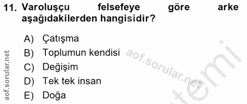 11. soru: Varoluşçu felsefeye göre arke aşağıdakilerden hangisidir? A) Çatışma B) Toplumun kendisi aof.sorular.ne C) Değişim D)…