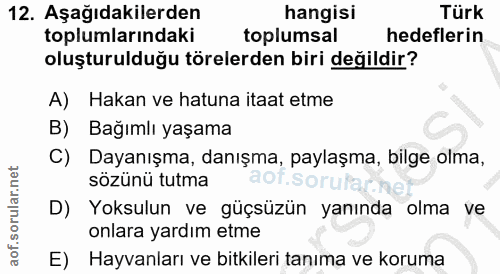 12. soru: Aşağıdakilerden hangisi Türk toplumlarındaki toplumsal hedeflerin oluşturulduğu törelerden biri değildir? A) Hakan ve…