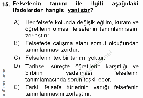 15. soru: Felsefenin tanımı ile ilgili aşağıdaki ifadelerden hangisi yanlıştır? A) Her felsefe kolunda değişik eğilim, kuram ve…