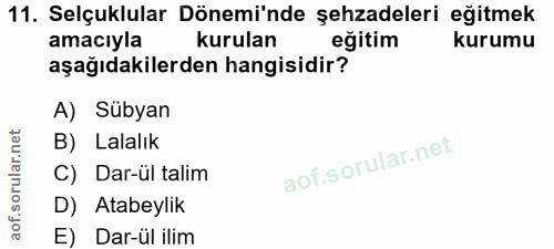 11. soru: Selçuklular Dönemi'nde şehzadeleri eğitmek amacıyla kurulan eğitim kurumu aşağıdakilerden hangisidir? A) Sübyan B) La…