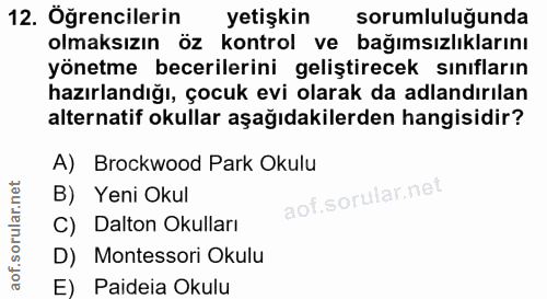 12. soru: Öğrencilerin yetişkin sorumluluğunda olmaksızın öz kontrol ve bağımsızlıklarını yönetme becerilerini geliştirecek sın…