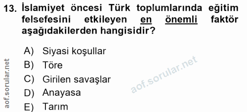 13. soru: İslamiyet öncesi Türk toplumlarında eğitim felsefesini etkileyen en önemli faktör aşağıdakilerden hangisidir? A) Siya…