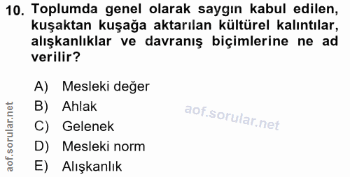 10. soru: Toplumda genel olarak saygın kabul edilen, kuşaktan kuşağa aktarılan kültürel kalıntılar, alışkanlıklar ve davranış b…