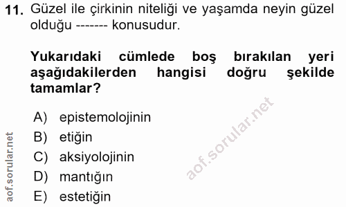 11. soru: Güzel ile çirkinin niteliği ve yaşamda neyin güzel olduğu -- konusudur. Yukarıdaki cümlede boş bırakılan yeri aşağıda…