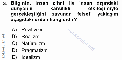 3. soru: Bilginin, insan zihni ile insan dışındaki dünyanın karşılıklı etkileşimiyle gerçekleştiğini savunan felsefi yaklaşım…