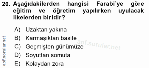 20. soru: Aşağıdakilerden hangisi Farabi'ye göre eğitim ve öğretim yapılırken uyulacak ilkelerden biridir? A) Uzaktan yakına B)…