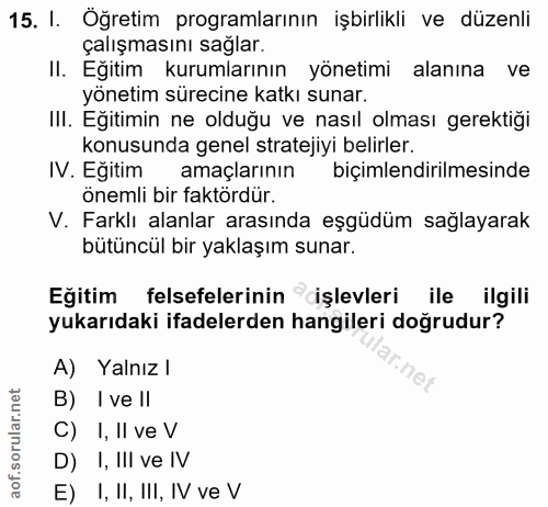 15. soru: I. Öğretim programlarının işbirlikli ve düzenli çalışmasını sağlar. II. Eğitim kurumlarının yönetimi alanına ve yönet…