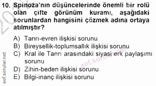10. soru: Spinoza'nın düşüncelerinde önemli bir rolü olan çifte görünüm kuramı, aşağıdaki sorunlardan hangisini çözmek adına or…