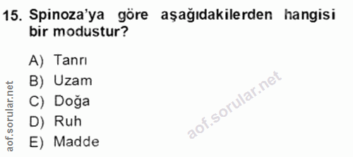 15. soru: Spinoza'ya göre aşağıdakilerden hangisi bir modustur? A) Tanrı B) Uzam C) Doğa D) Ruh E) Madde