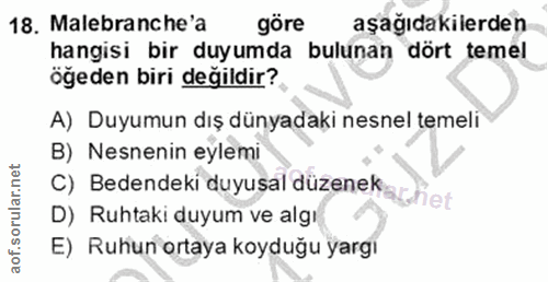 18. soru: Malebranche'a göre aşağıdakilerden hangisi bir duyumda bulunan dört temel öğeden biri değildir? A) Duyumun dış dünyad…