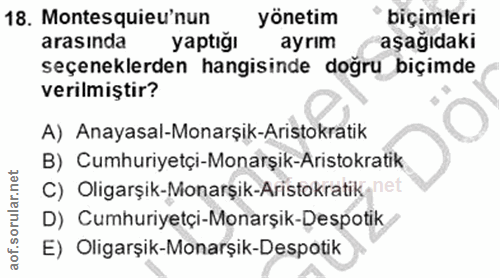 18. soru: Montesquieu'nun yönetim biçimleri arasında yaptığı ayrım aşağıdaki seçeneklerden hangisinde doğru biçimde verilmiştir…