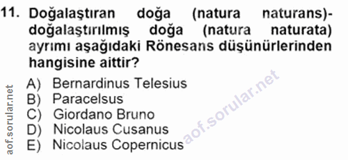 11. soru: Doğalaştıran doğa (natura naturans)- doğalaştırılmış : doğa (natura naturata) ayrımı aşağıdaki Rönesans düşünürlerind…