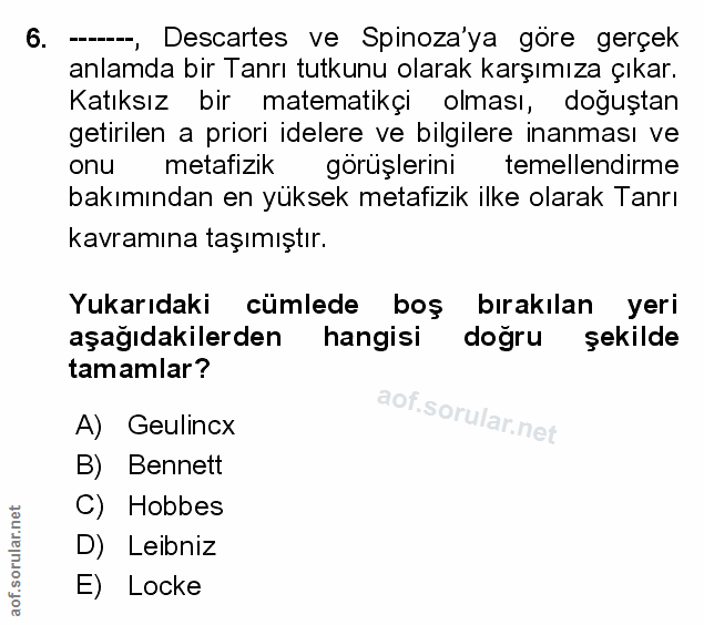 6. soru: Descartes ve Spinoza'ya göre gerçek anlamda bir Tanrı tutkunu olarak karşımıza çıkar. Katıksız bir matematikçi olması…