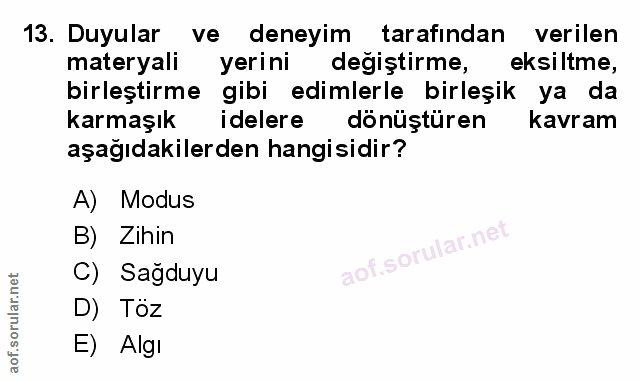 13. soru: Duyular ve deneyim tarafından verilen materyali yerini degiştirme, eksiltme, birleştirme gibi edimlerle birleşik ya d…