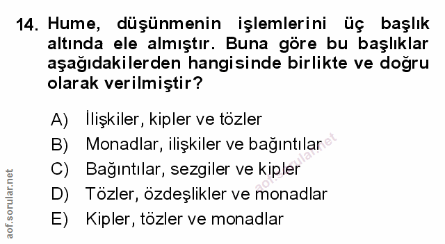 14. soru: Hume, düşünmenin işlemlerini üç başlık altında ele almıştır. Buna göre bu başlıklar aşağıdakilerden hangisinde birlik…