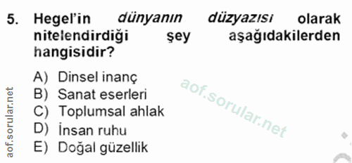 5. soru: Hegel'in dünyanın düzyazısı olarak nitelendirdiği şey aşağıdakilerden hangisidir? A) Dinsel inanç rular.net B) Sanat…