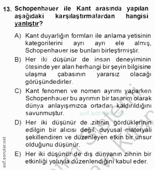 13. soru: Schopenhauer ile Kant arasında yapılan aşağıdaki karşılaştırmalardan hangisi yanlıştır? A) Kant duyarlığın formları i…