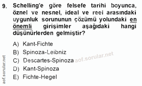 9. soru: Schelling'e göre felsefe tarihi boyunca, öznel ve nesnel, ideal ve reel arasındaki uygunluk sorununun çözümü yolundak…
