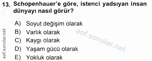 13. soru: Schopenhauer'e göre, istenci yadsıyan insan dünyayı nasıl görür? A) Soyut değişim olarak B) Varlık olarak C) Kaygı ol…