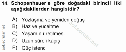 14. soru: Schopenhauer'e göre doğadaki birincil itki aşağıdakilerden hangisidir? A) Yozlaşma ve yeniden doğuş B) Haz ve yüceltm…